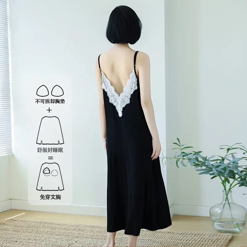 蕾丝法式冰丝吊带睡裙女士夏季花边带胸垫可外穿家居服露背连衣裙