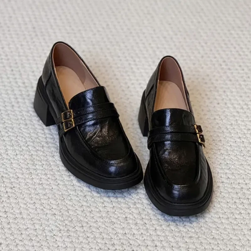 羊皮版~扣带粗跟英伦风乐福鞋女2025新款秋季厚底一蹬小皮鞋女