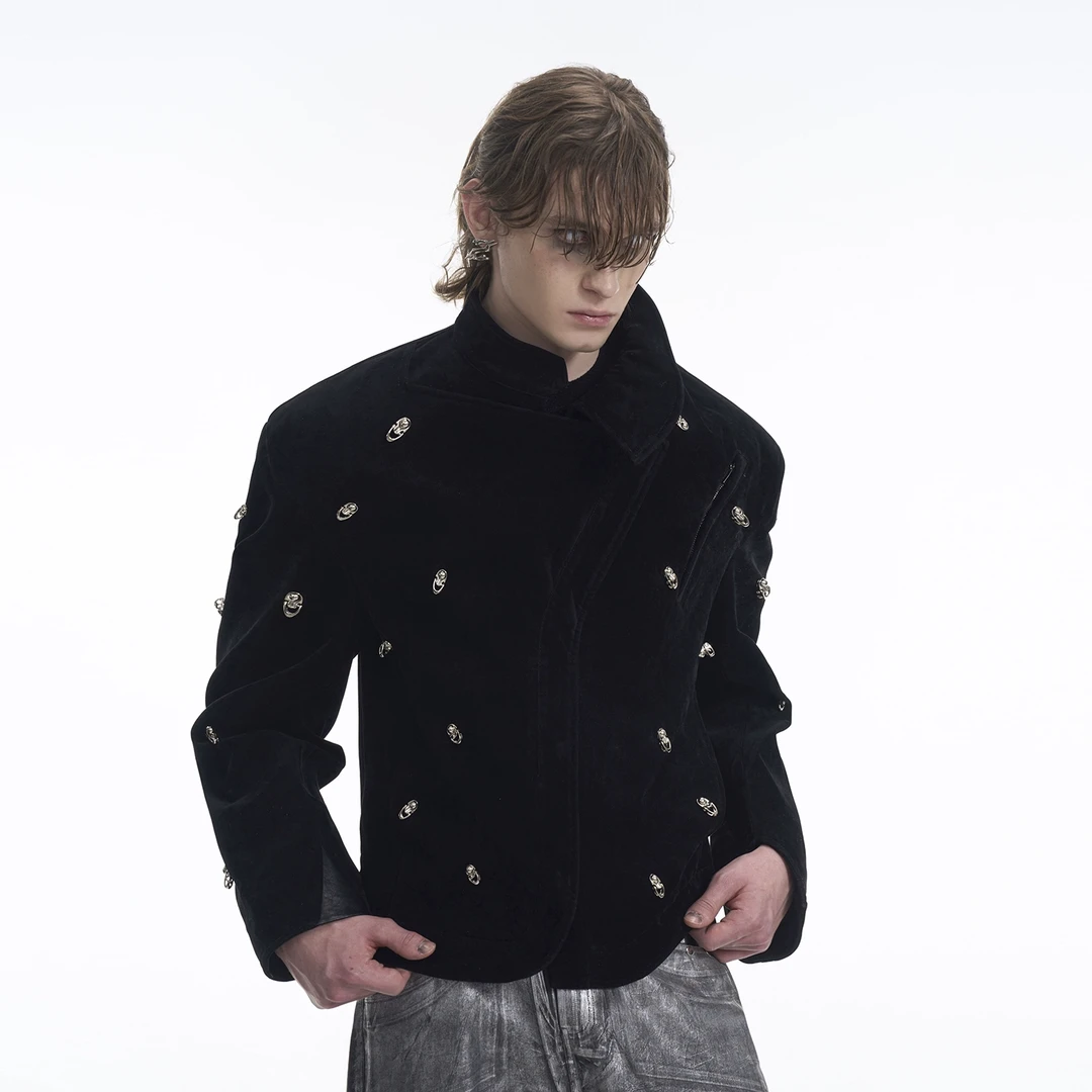 异形不规则领子金丝绒外套男 春季新款金属扣装饰黑色垫肩夹克潮