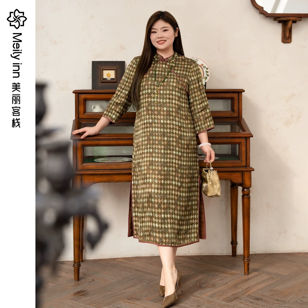 新中式胖mm人丝半高领香云纱复古旗袍连衣裙原创高端大码女装春装