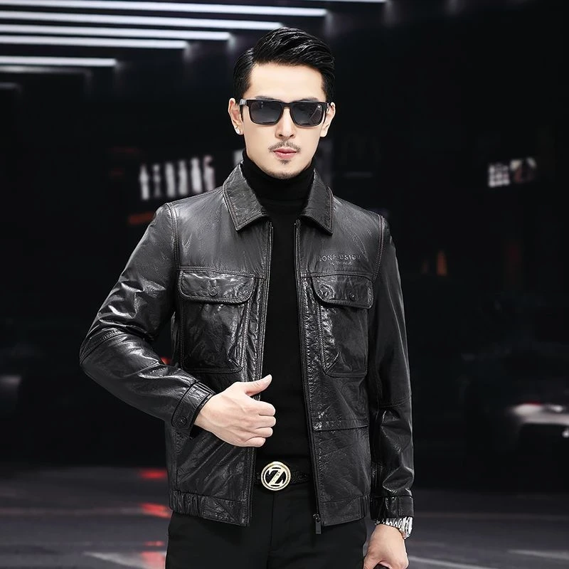 海宁2025春装冬装头层小牛皮外套男士真皮皮衣翻领修身短款皮夹克