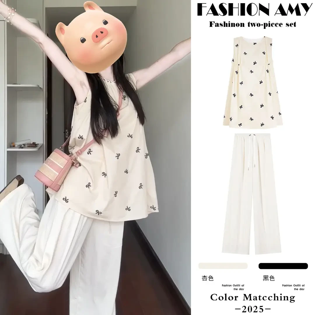 孕妇装夏装时尚新款洋气法式蝴蝶结宽松无袖背心上衣休闲阔腿裤子