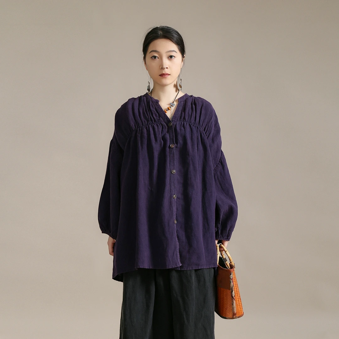 【以之】设计师品牌原创大版宽松亚麻上衣v领捏褶排扣舒适小衫女
