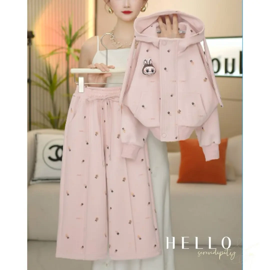 女童2025秋季新款韩版洋气印花外套+裤子两女童粉小亚麻混纺童装