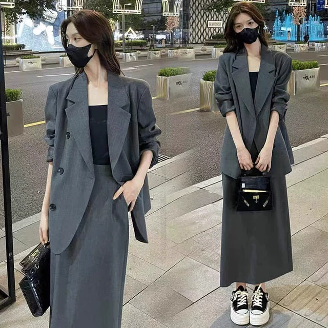 大码胖mm时尚西装套装裙女2025春秋季新款职业显瘦半身裙两件套潮