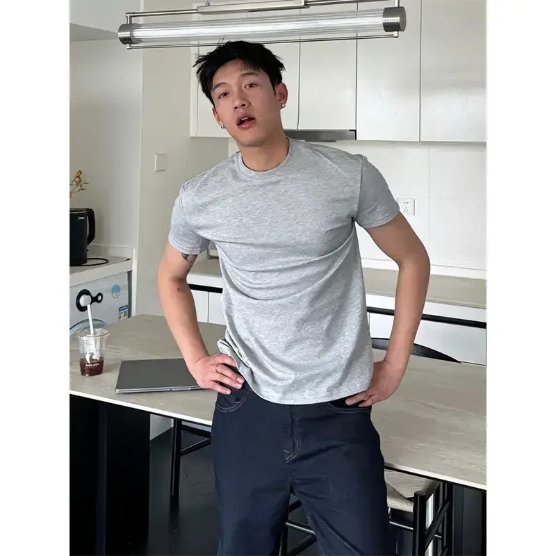 灰色美式重磅短袖男款夏季纯棉小领口正肩T恤收袖口修身运动半袖