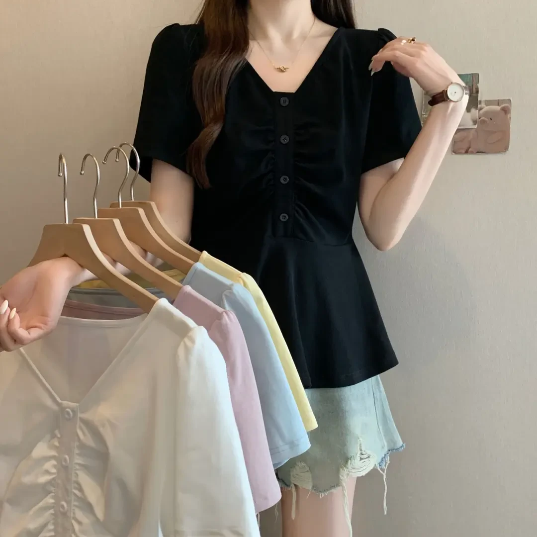 胖mm大码女装遮肉显瘦褶皱v领T恤女夏季新款洋气别致短袖纯色上衣
