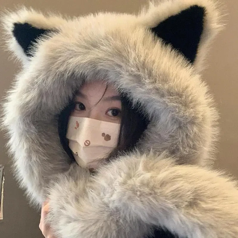 毛绒绒狐狸耳朵帽子围巾一体女2025年秋冬季保暖显脸小雷锋帽TTT