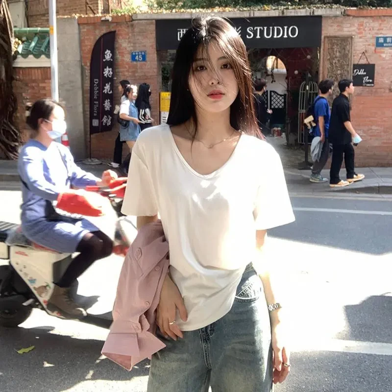 白色短袖T恤女夏季慵懒V领宽松韩版显瘦气质简约百搭时尚正肩上衣