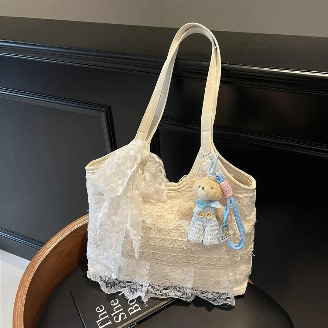 韩系小众简约蕾丝温柔风单肩包2025春季新款百搭高颜值通勤托特包