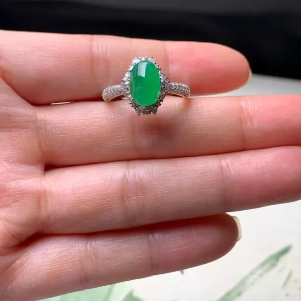 冰阳绿银镶天然缅甸翡翠戒指#货号6863