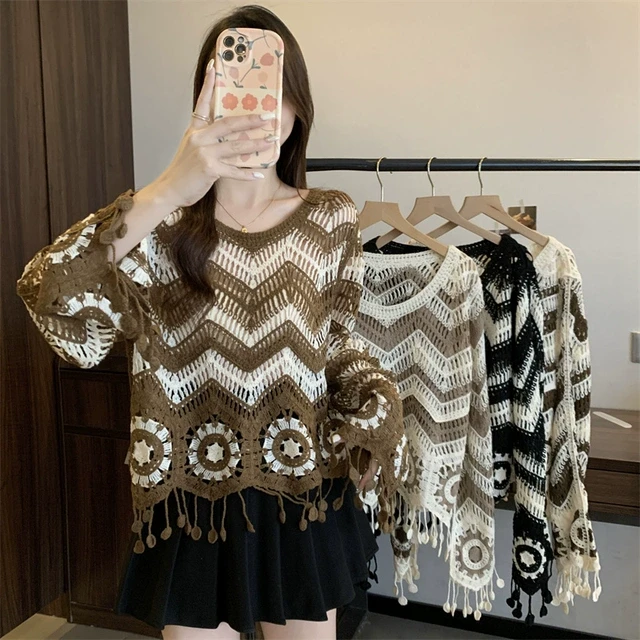 撞色条纹钩花镂空针织衫女2025春设计感小众下摆流苏防晒罩衫上衣