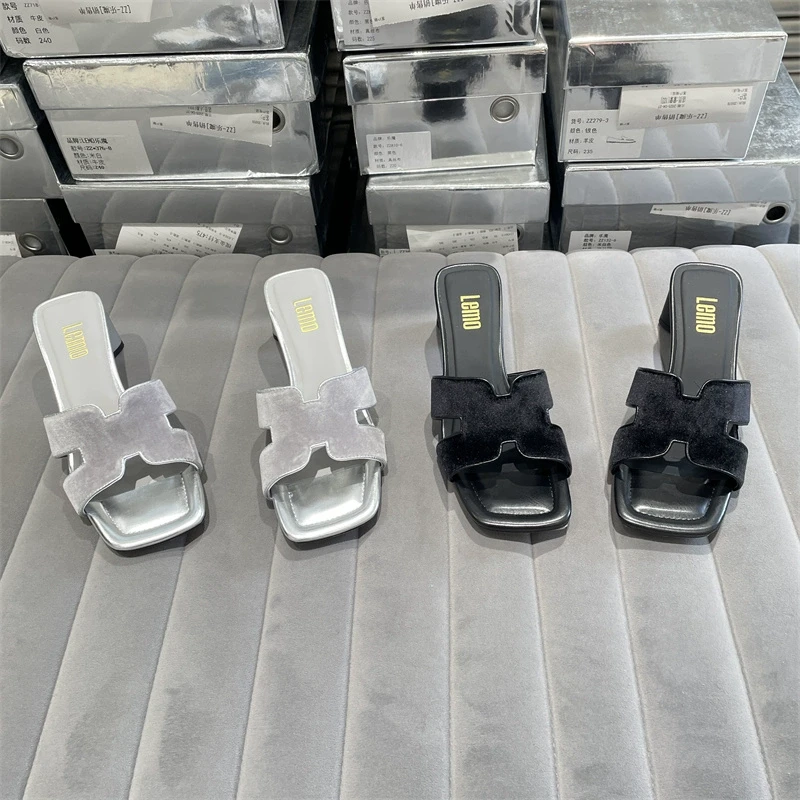 欧洲站2025夏款真皮女鞋欧货新品丝绒布面露趾浅口粗高跟凉拖鞋