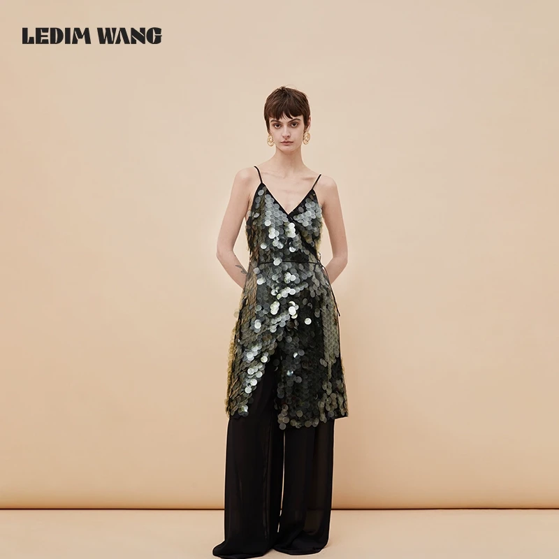 LEDIM WANG法式亮片连衣裙女华丽感气质中长款开叉小众设计吊带裙