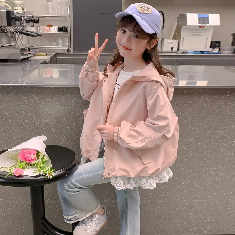 女童秋装外套2025新款儿童洋气女孩春秋季连帽蕾丝边夹克甜美上衣