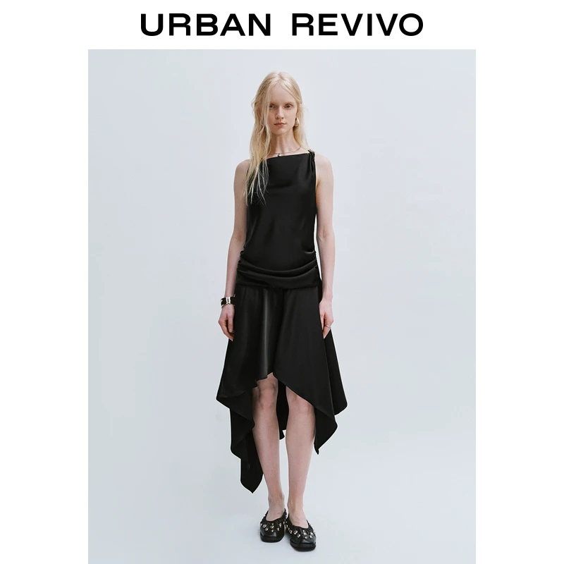 UR2025春季新款女装不规则设计感褶皱荡领连衣裙UYV750006