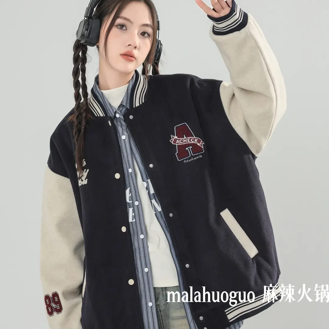 学院风撞色夹克学院风春季短外套短款复古情侣美式女