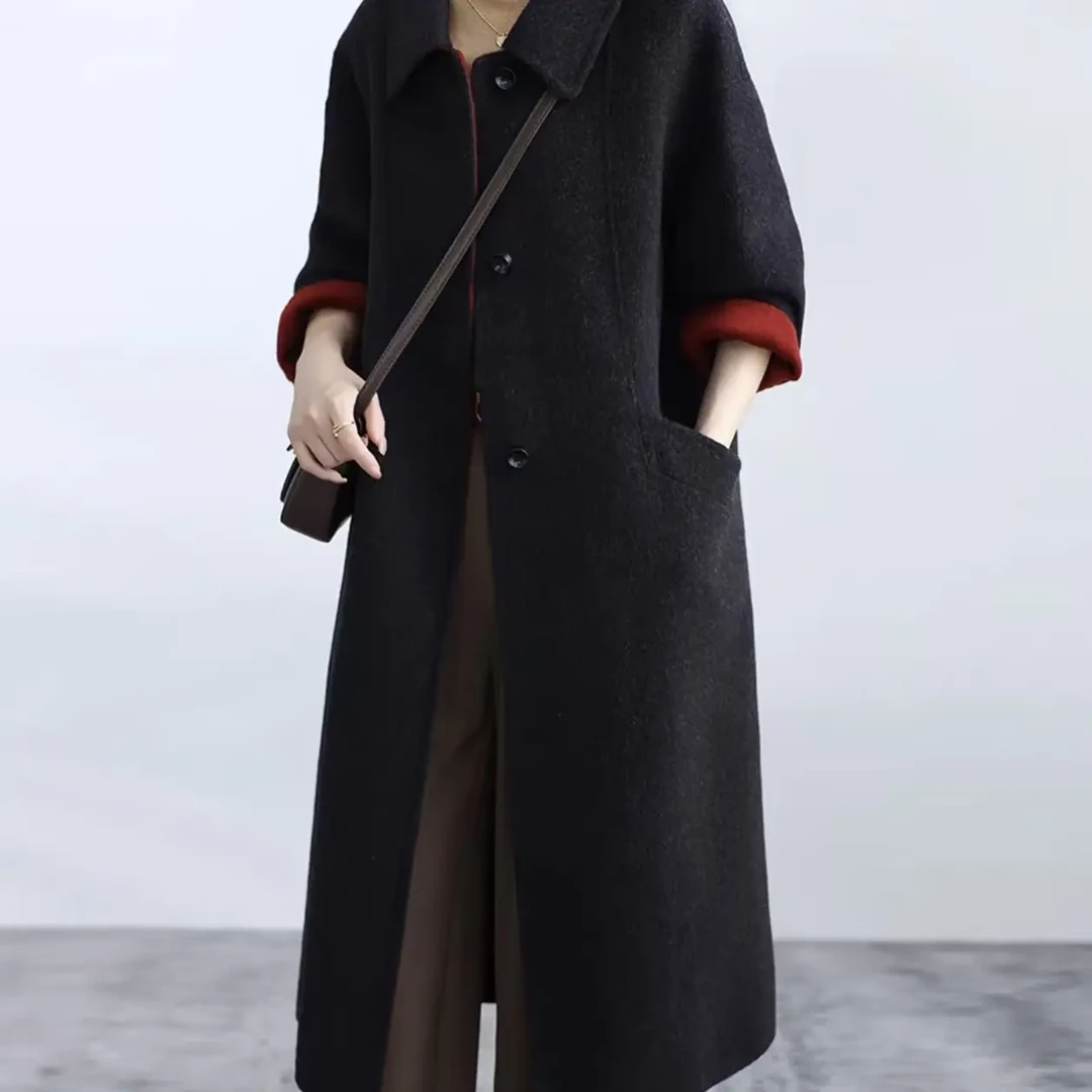 韩版气质秋冬季时尚宽松翻领双面大衣毛呢外套女长款显瘦洋气