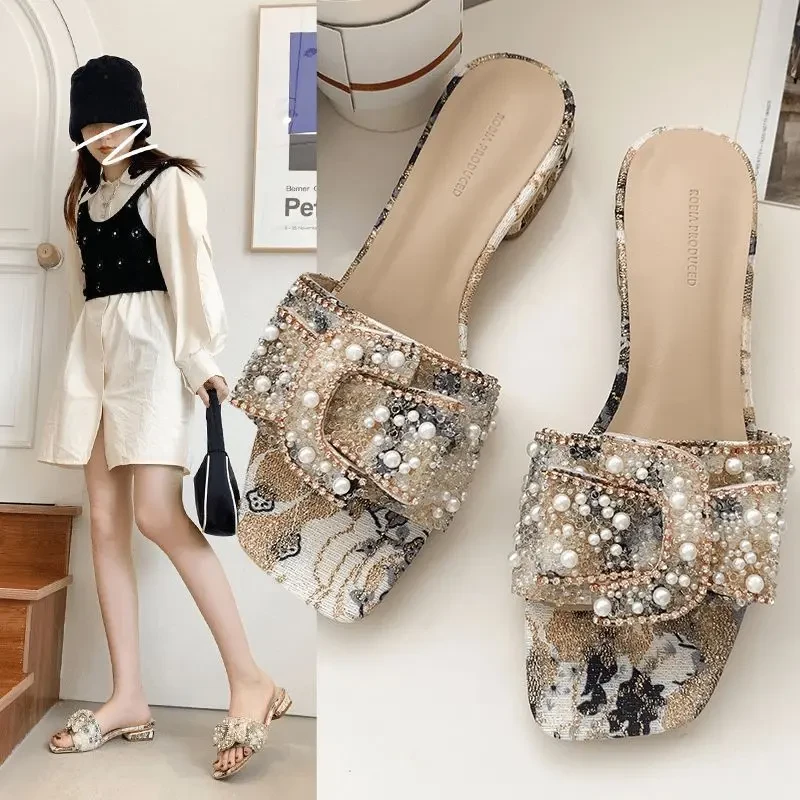 香港品牌撤柜重工珍珠时装拖鞋粗跟时尚外穿凉鞋