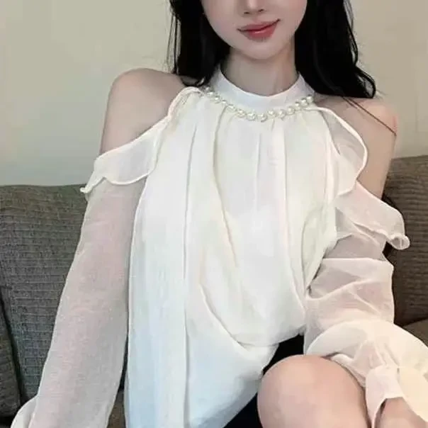 法式挂脖露肩雪纺衫女长袖喇叭袖衬衣宽松减龄洋气上