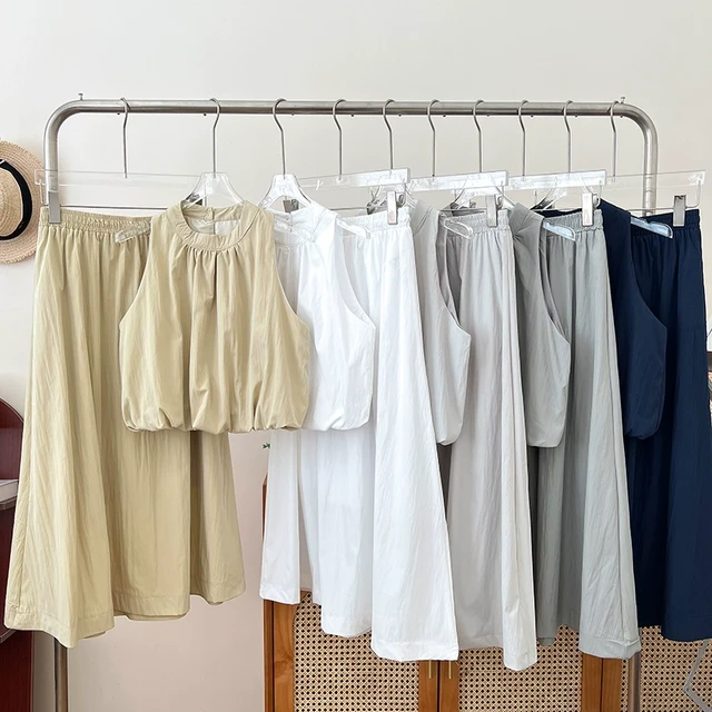 圆领无袖蓬蓬背心上衣+高腰显瘦中长款半身裙两件套女夏季新款