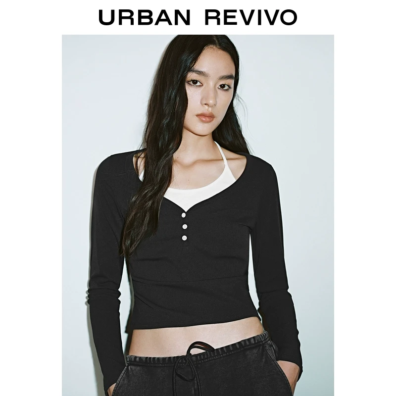 UR2025春季新款女装欧若风撞色假两件挂脖系带长袖T恤UYY450020