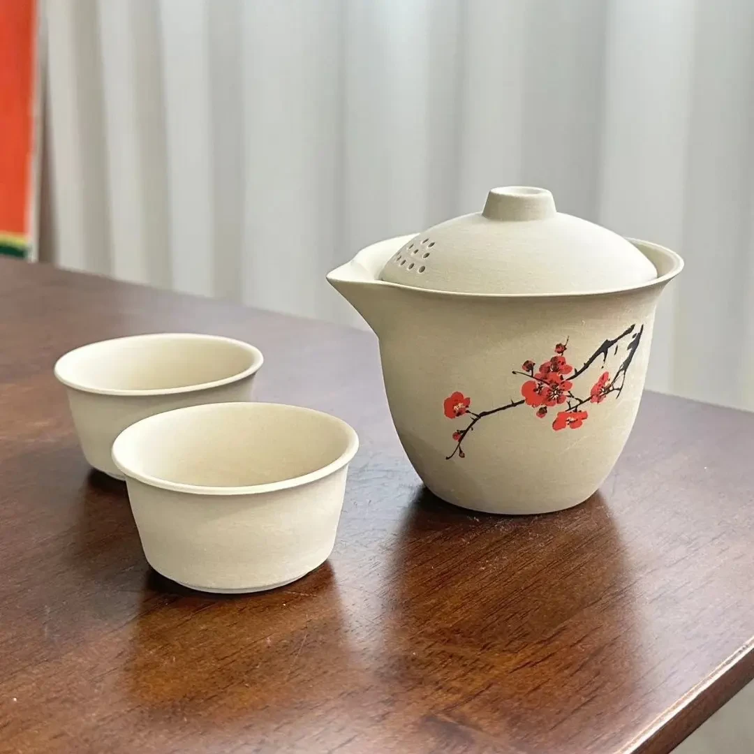 粗陶梅花手抓一壶两杯旅行快客茶具-3348