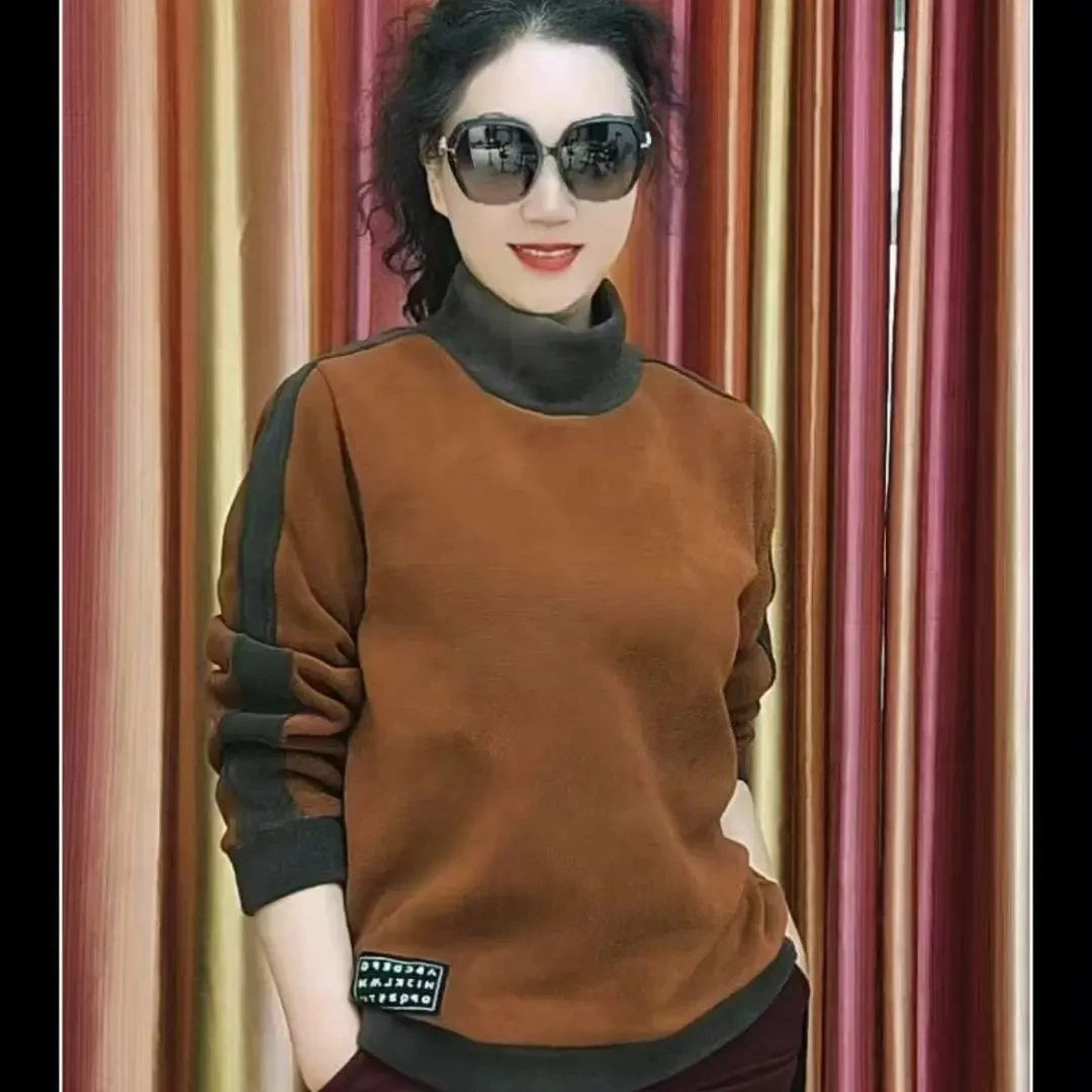 卫衣圆领加绒女拼接常规长袖复古港风印花秋冬网红