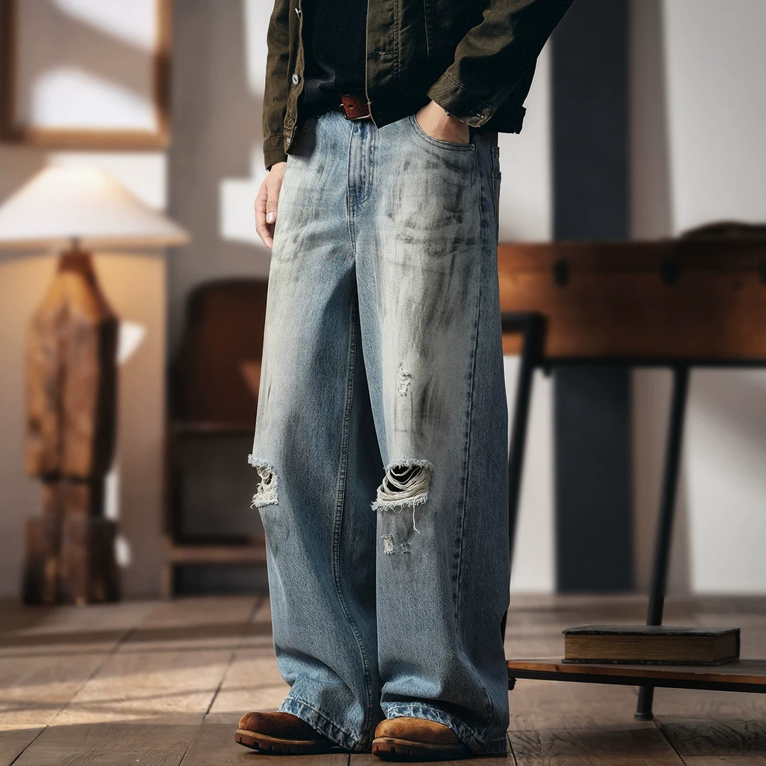 格蓝鹿美式复古做旧脏染破洞牛仔裤男夏季新款宽松直筒休闲拖地裤