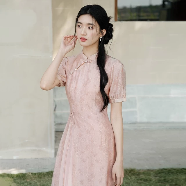 初蝉衣事新中式国风连衣裙女2025新款拼纱收腰粉色订婚晚礼服旗袍