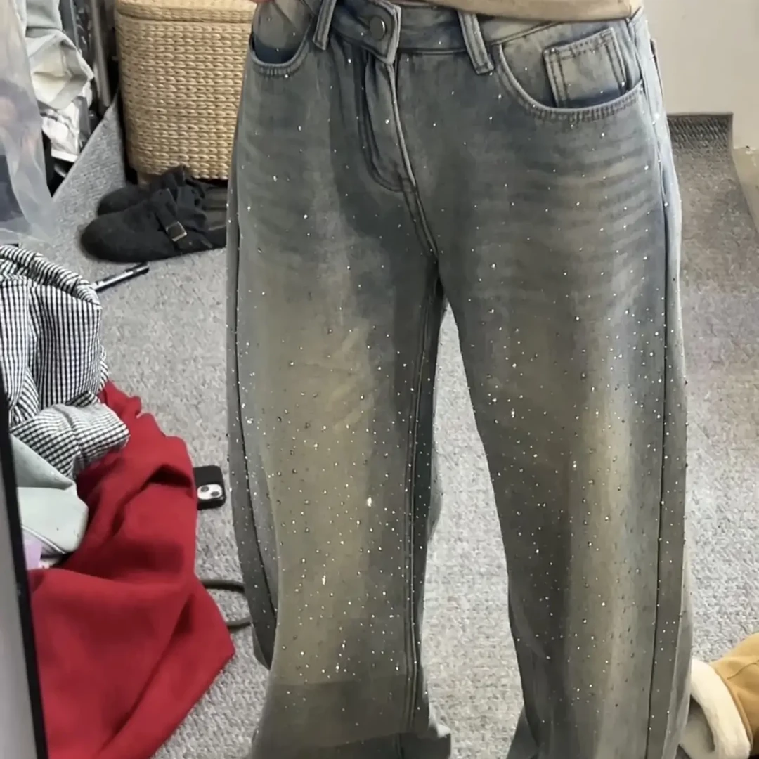 实体品质 冬季加绒满天星烫钻复古做旧高腰显瘦直筒浅蓝色牛仔裤