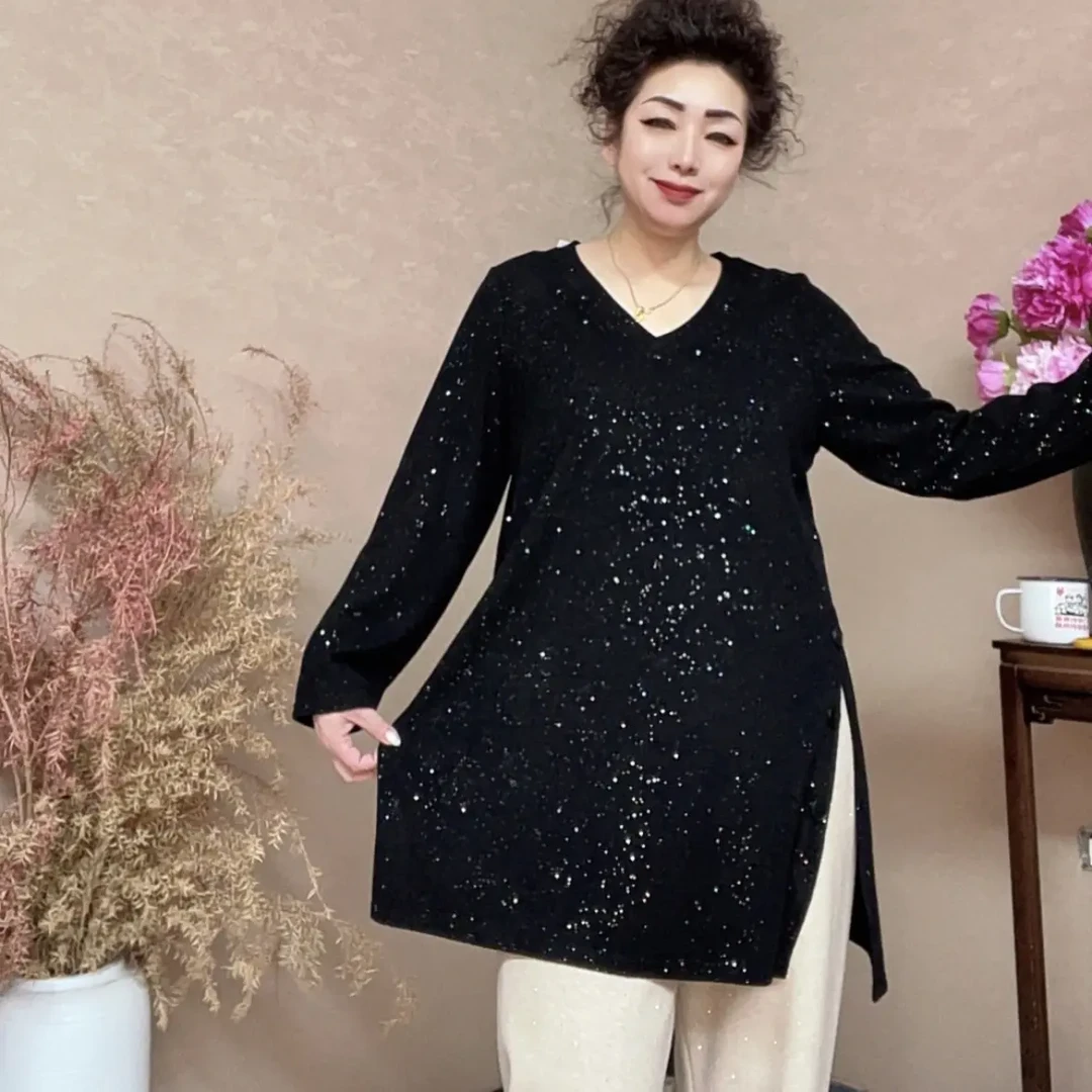 三姐家秋冬V领满天星超柔开叉中长款上衣