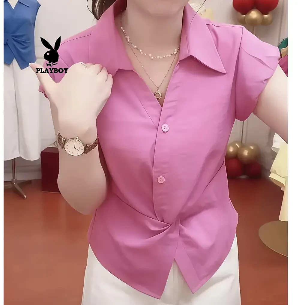 花花公子夏季交叉扭结时尚简约设计感气质百搭夏季减龄衬衫女上衣