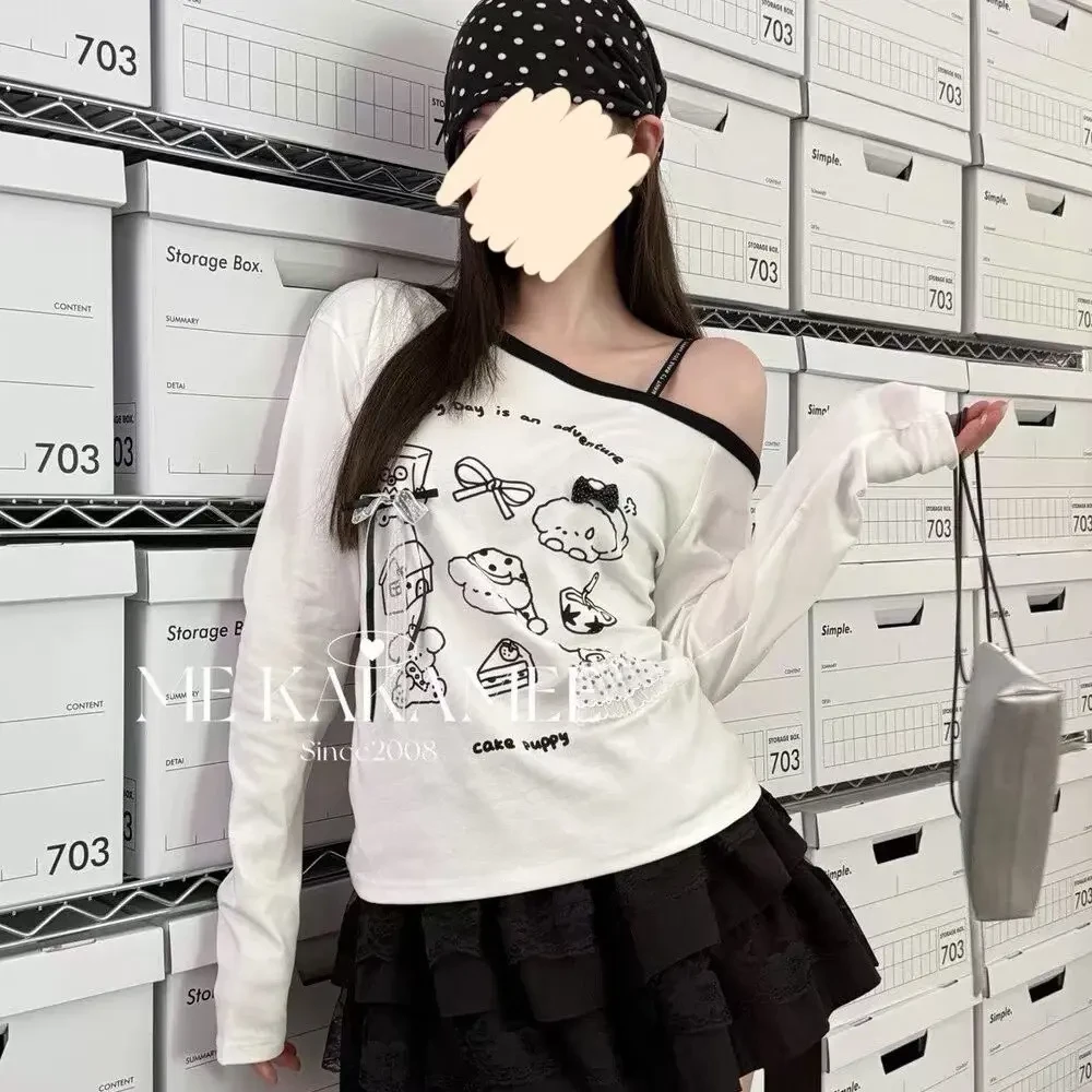 9161#大码学院风秋季新品韩系长袖卡通花边小狗撞色斜肩（秒）