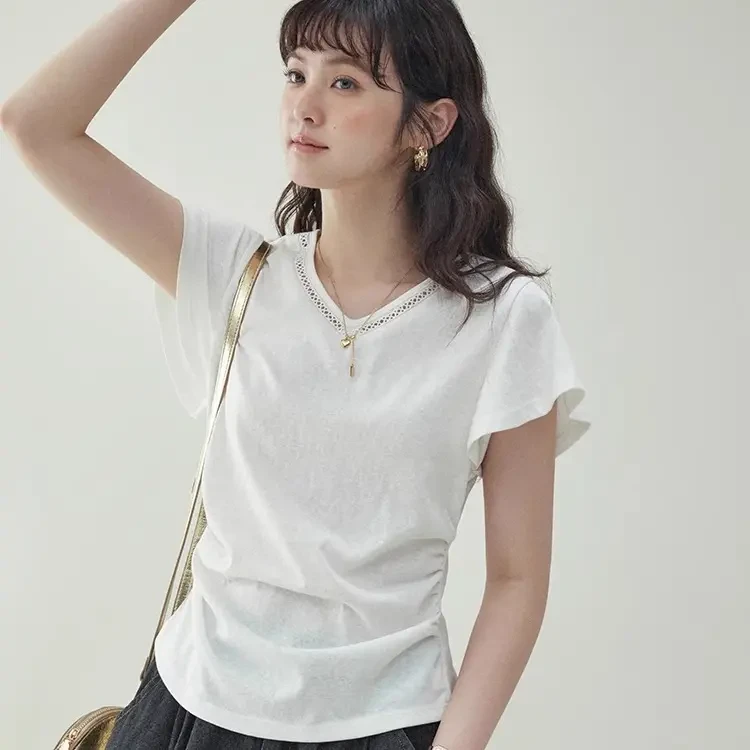 白色v领短袖T恤女正肩夏季宽松设计感小飞袖体恤辣妹锁骨短款上衣