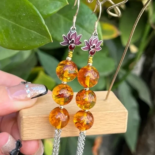 天然花珀珠子10.5mm耳坠 S925耳勾配饰