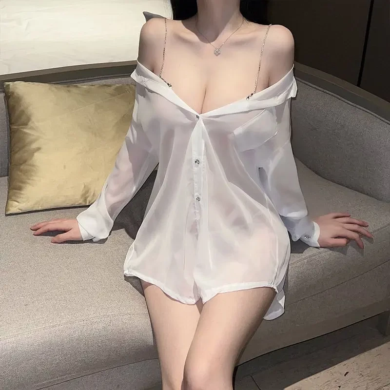 睡衣女夏天诱惑纯欲风透视吊带上衣男友风衬衣性感慵懒风链条衬衫