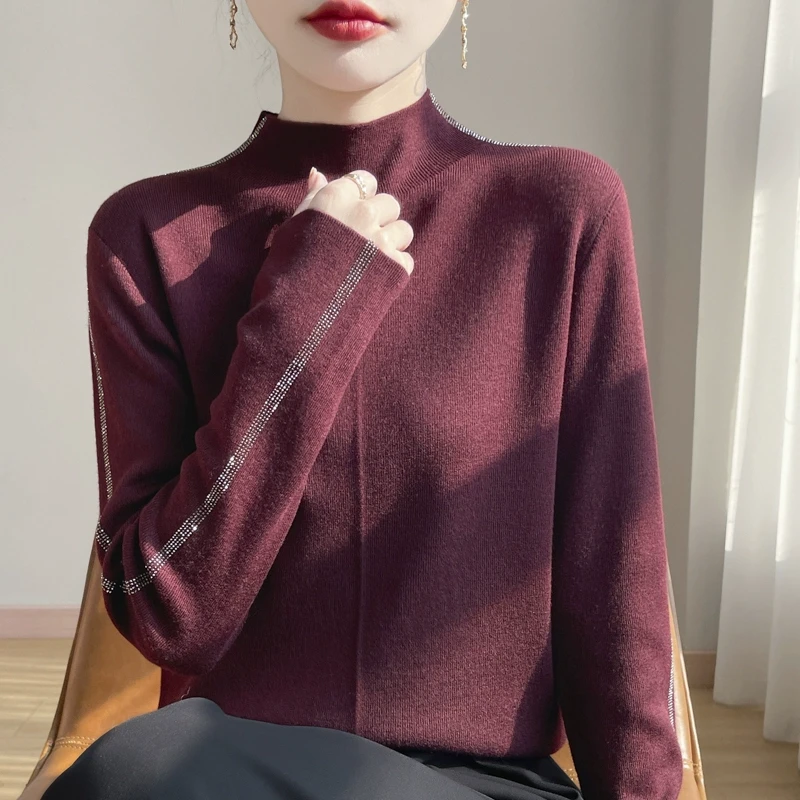 羊范高级感精纺羊毛针织衫女半高领重工烫钻打底衫洋气显瘦上衣潮