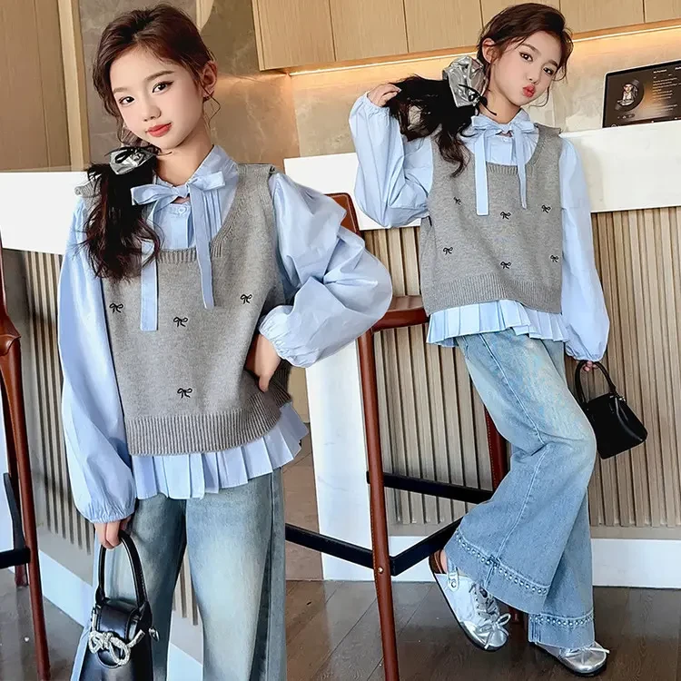 女童春装套装2025新款6-12岁中大童洋气针织马甲衬衫牛仔裤三件套