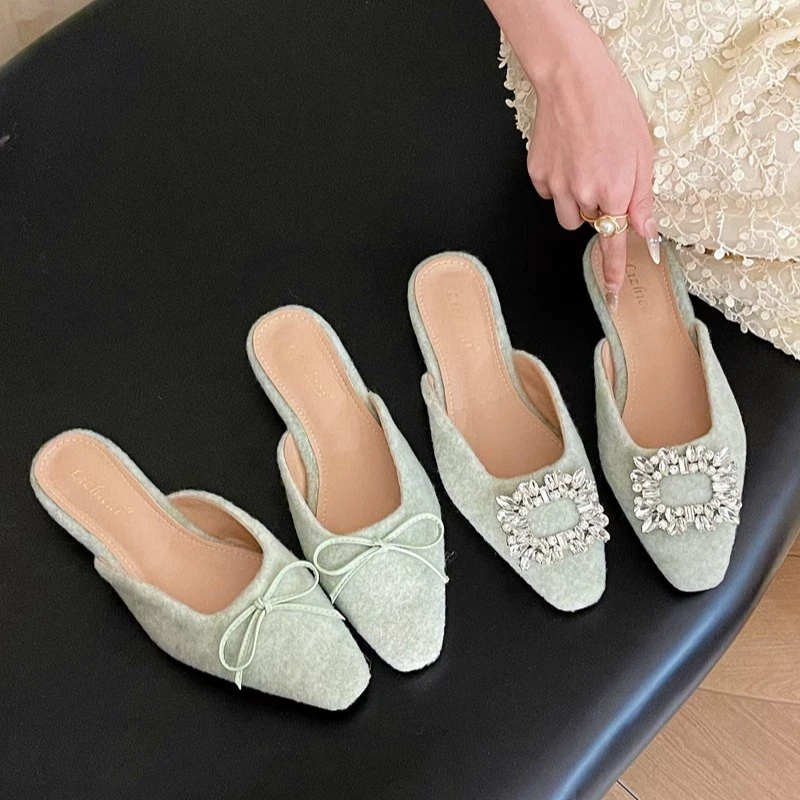 美猫汇百搭法式方头浅口水钻方扣通勤新中式时尚半拖穆勒鞋女外穿