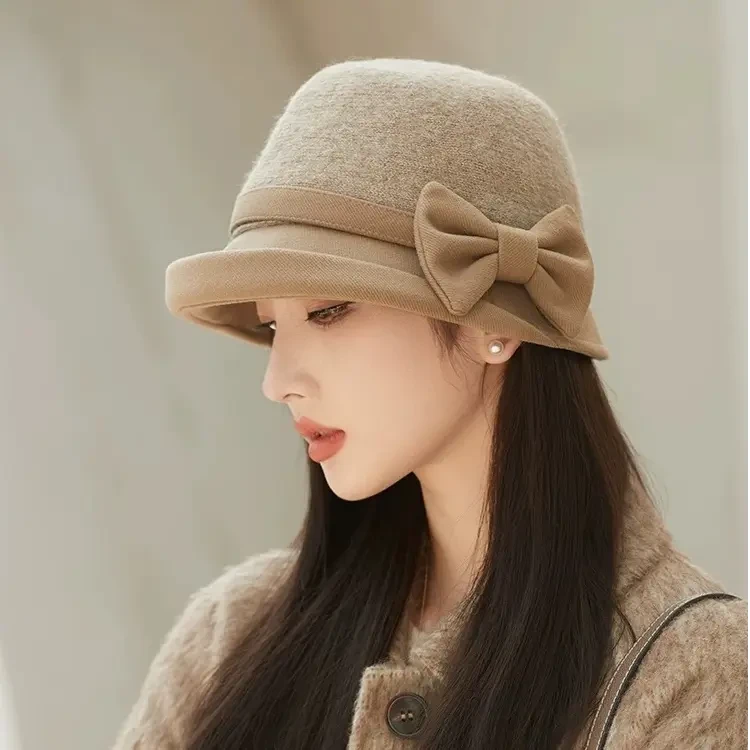 秋冬新款羊毛呢蝴蝶结女士渔夫帽时尚百搭针织保暖显脸小气质盆帽