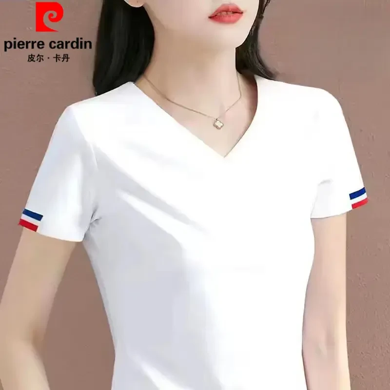 皮尔卡丹纯色V领短袖T恤女夏装2025新款时尚气质妈妈装爆款上衣女