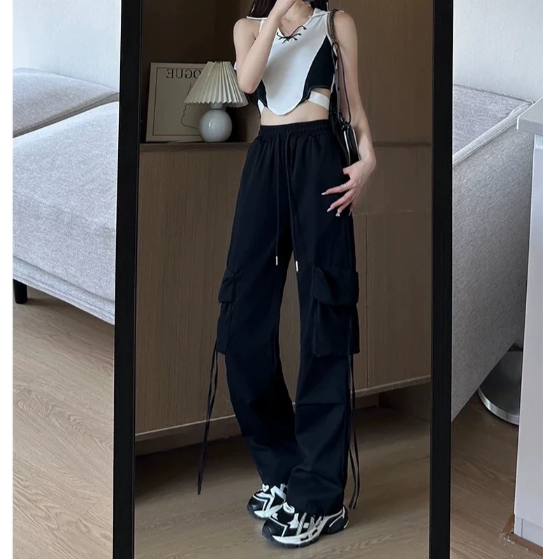 美式ins工装裤2025新款休闲阔腿裤冰丝速干裤嘻哈拼接韩版简约