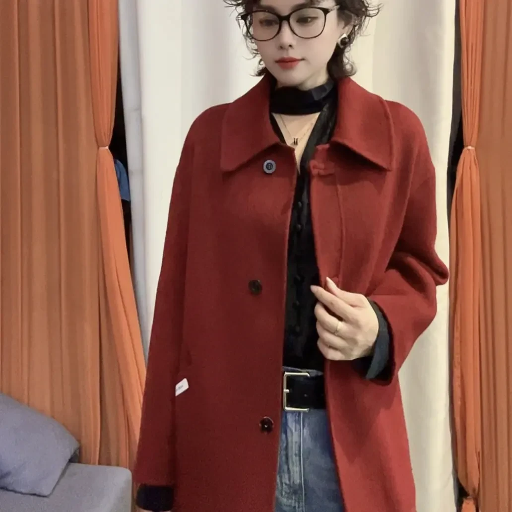 秋冬新款中长款方领双面呢大衣显瘦