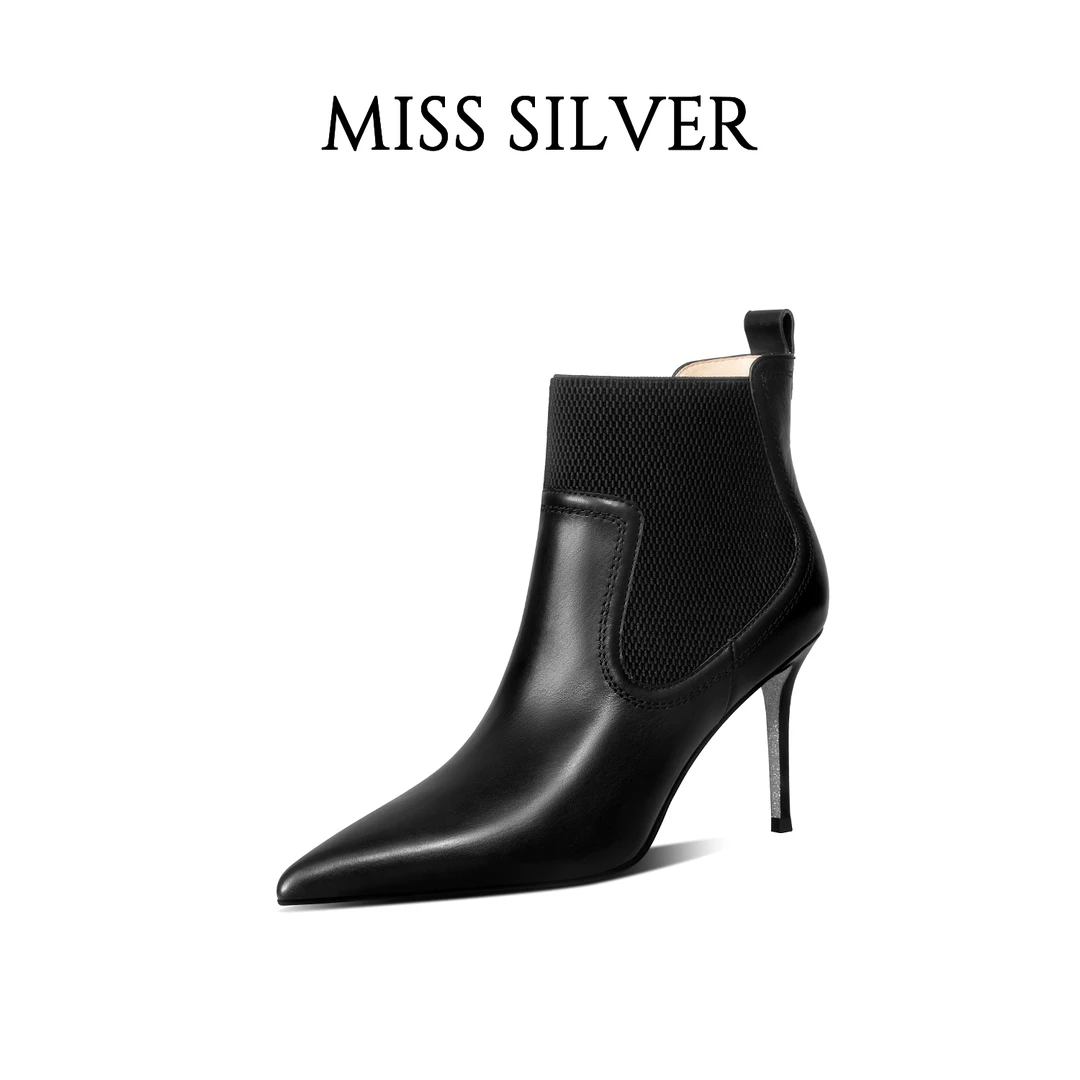 MISSSILVER黑色短靴女2024新款真皮尖头细跟短筒时尚踝靴气质单靴