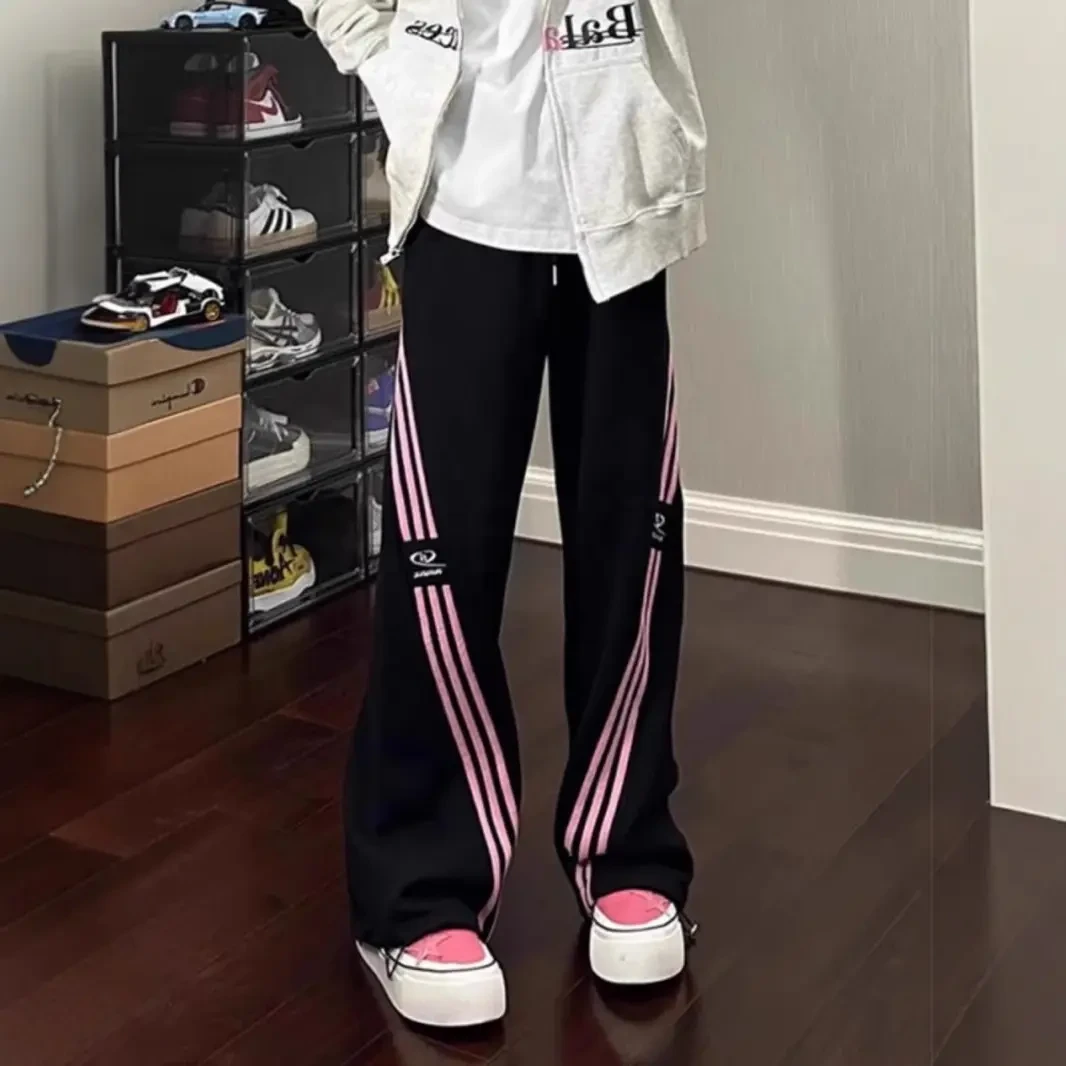 美式三条杠裤子宽松潮流慵懒风灰色条纹卫裤男休闲直筒长裤运动裤