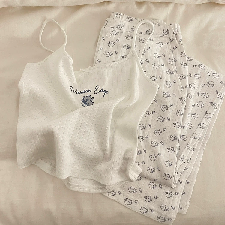 【天使小熊】韩系ins风修身甜美吊带睡衣女夏季舒适居家长裤套装