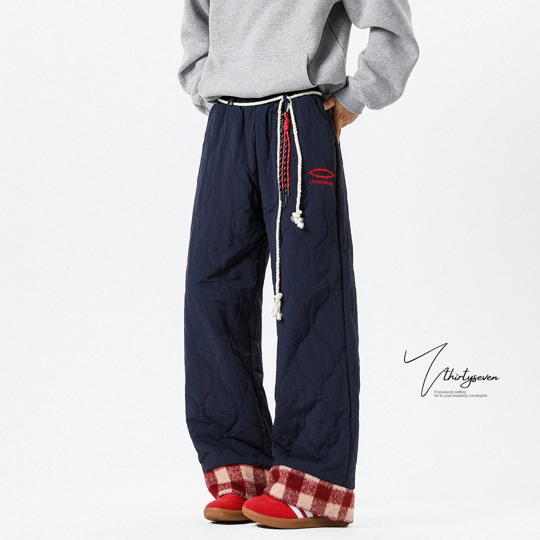 V37 藏青色美式裤子男秋冬季加厚棉裤撞色拼接宽松直筒阔腿休闲裤