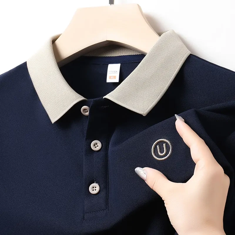 啄木鸟男士翻领T恤中年男装爸爸夏装上衣大码长袖休闲商务休闲透