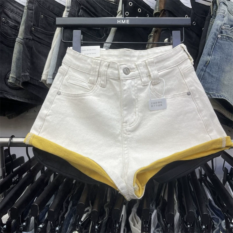 原创欧货2025年春夏新款撞色弹力高腰洗水杏色牛仔短裤女卷边热裤